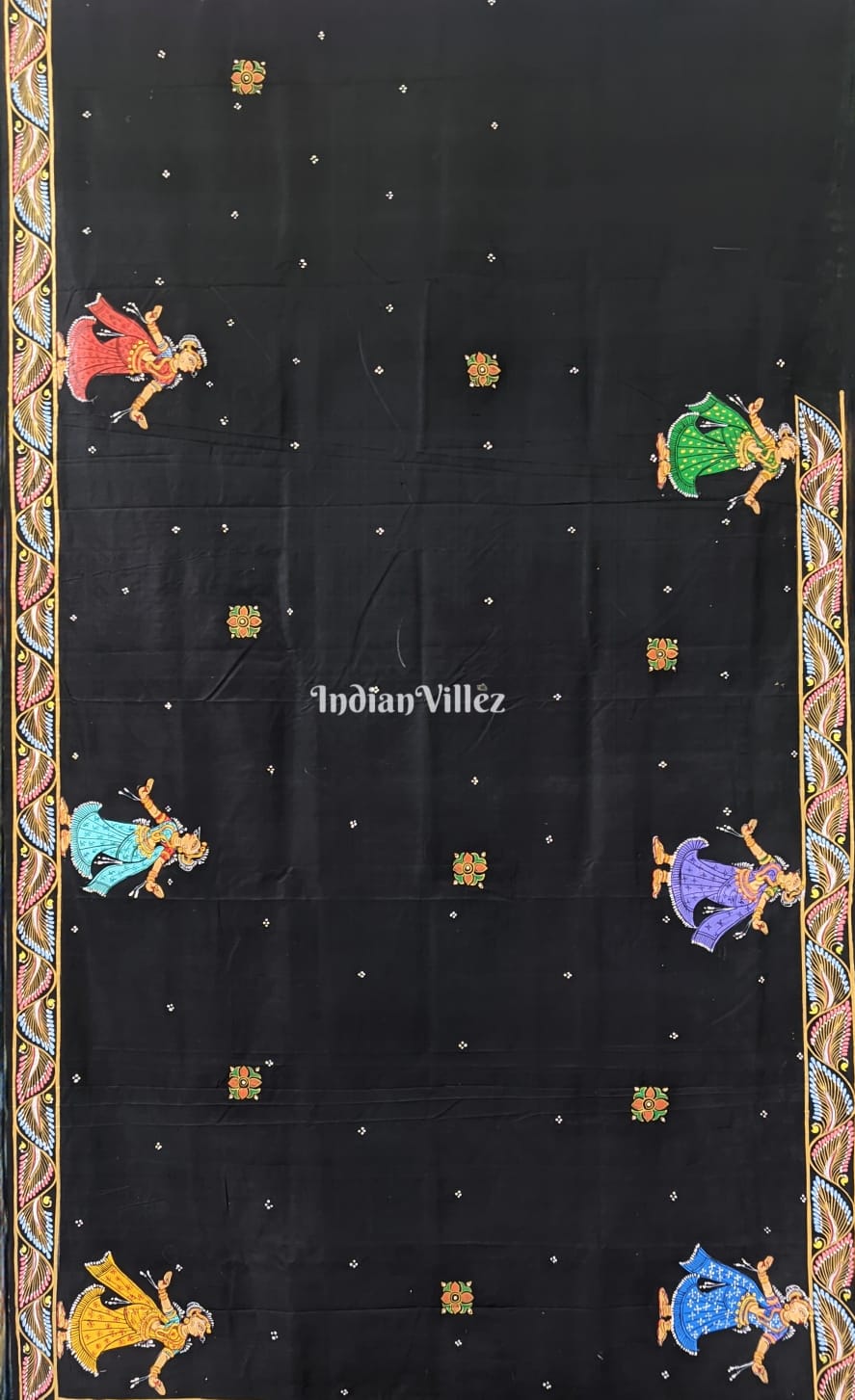 Black Mathura Vijay Theme Hand-Painted Pattachitra Silk Saree