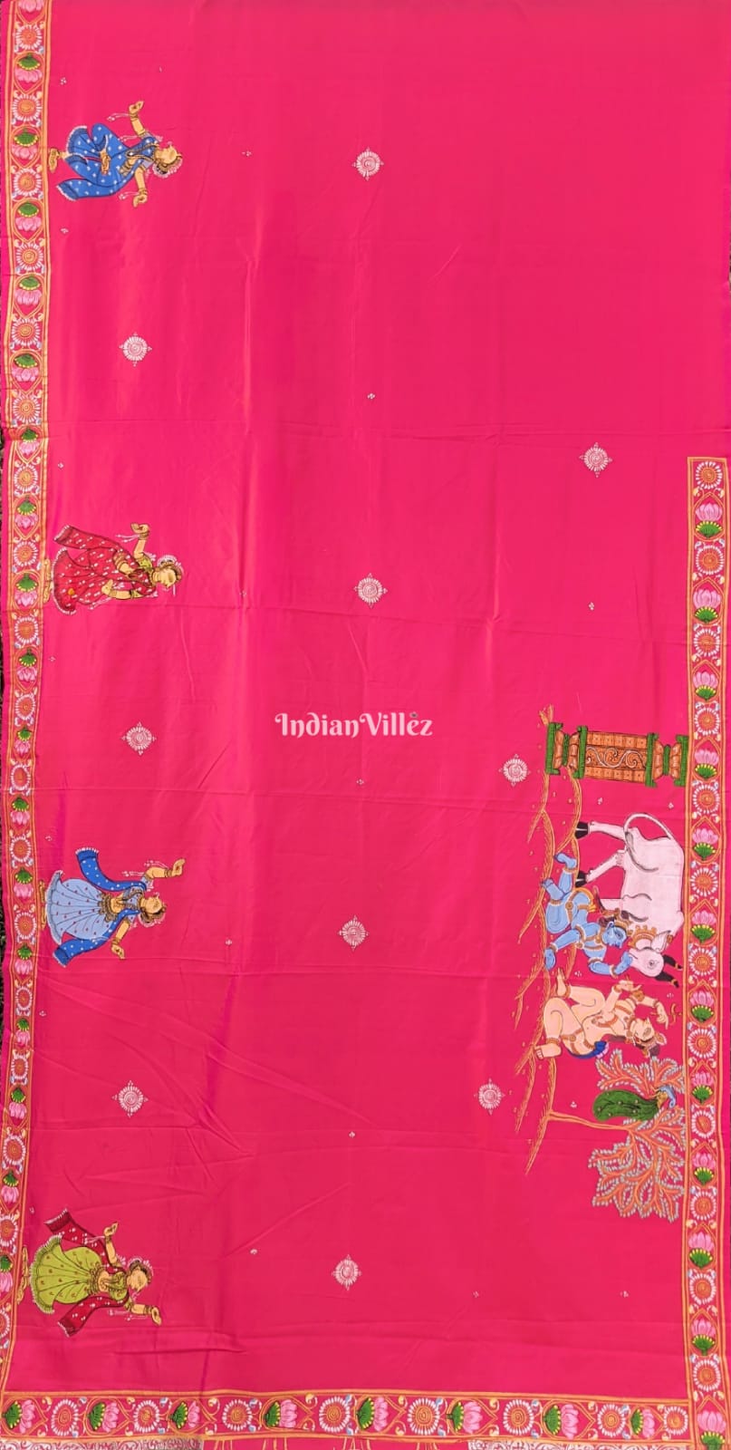 Pink Krishna Janmashtami Theme Pattachitra Silk Saree