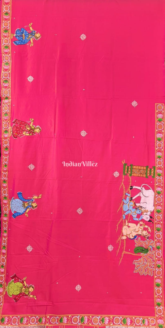 Pink Krishna Janmashtami Theme Pattachitra Silk Saree