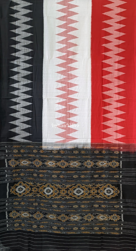 Red Black White Maniabandha Odisha Ikat Cotton Saree