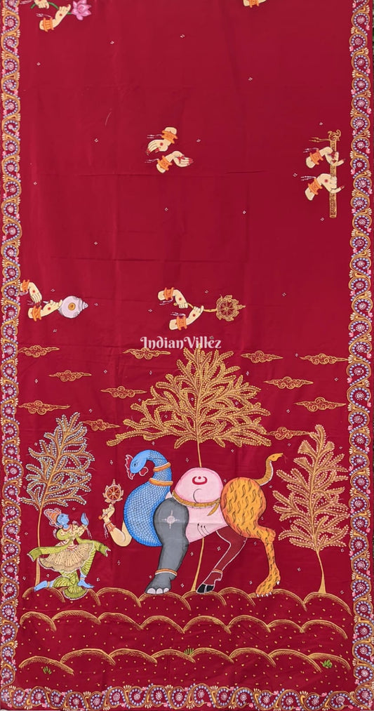 Reddish Maroon Arjuna Bows to Navagunjara Hand-Painted Pattachitra Saree