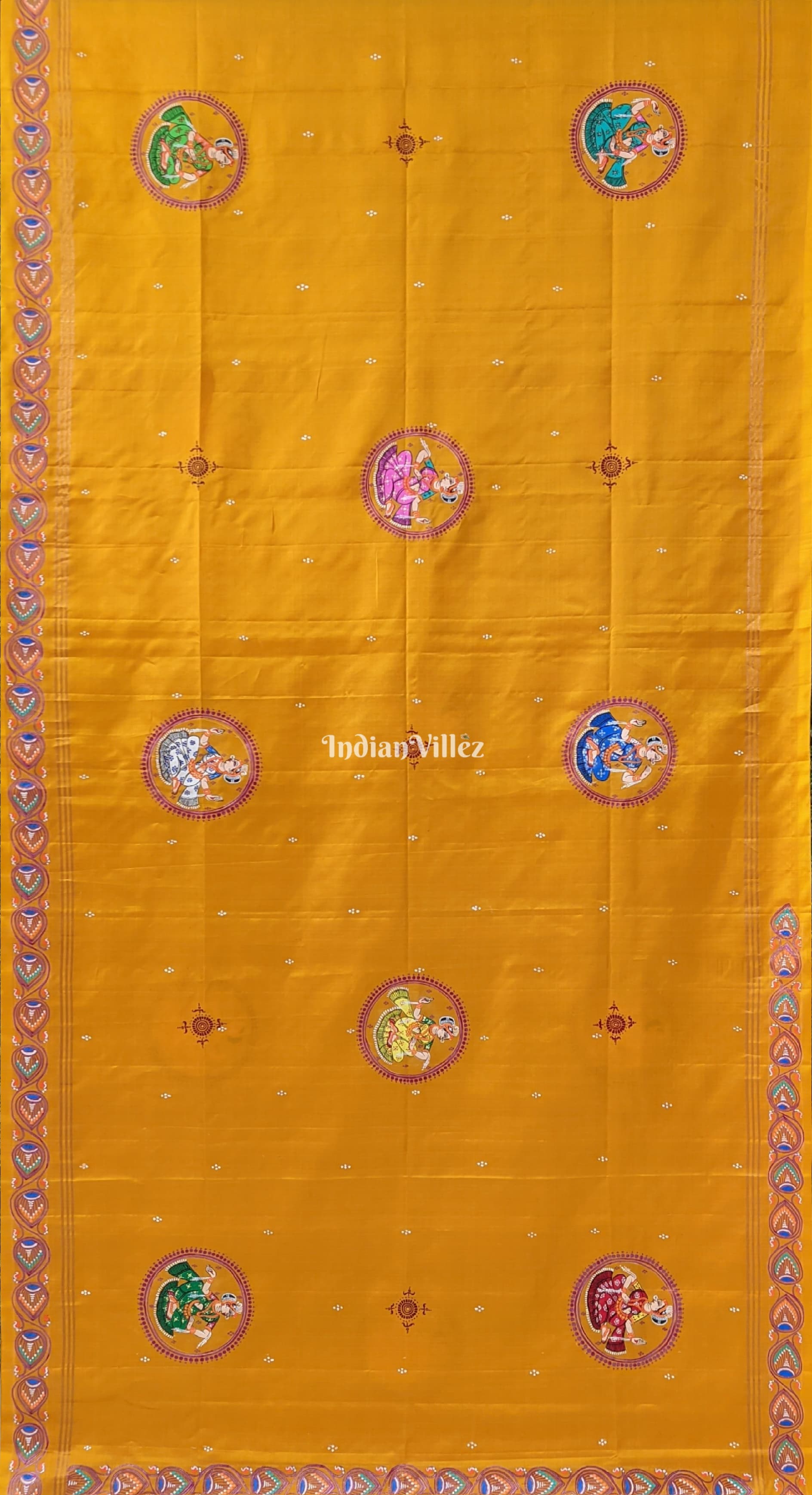 Yellow Kandarpa Ashwa (Horse) Pattachitra Silk Saree