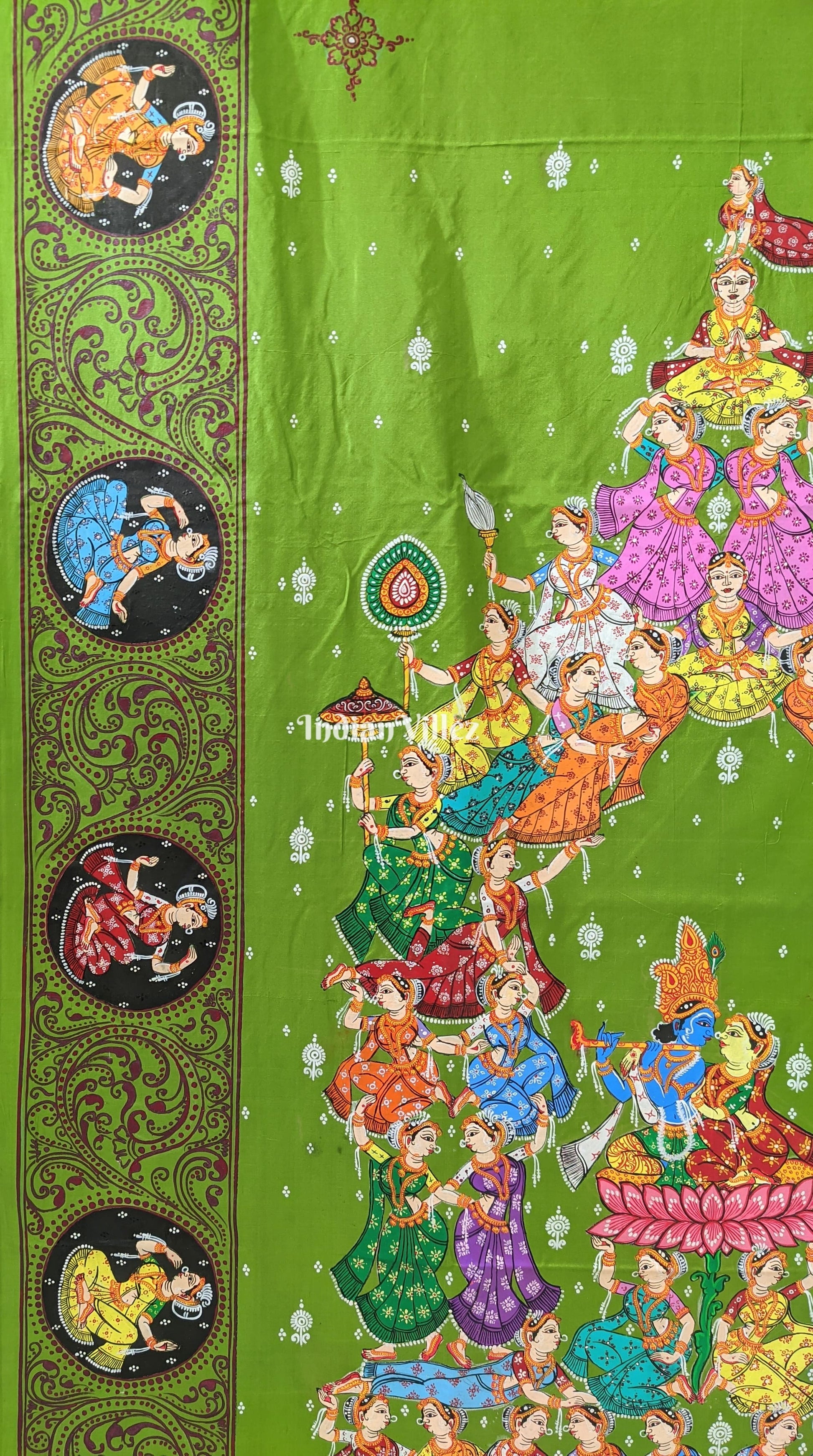 Parrot Green Kandarpa Rath Hand-painted Pattachitra Saree