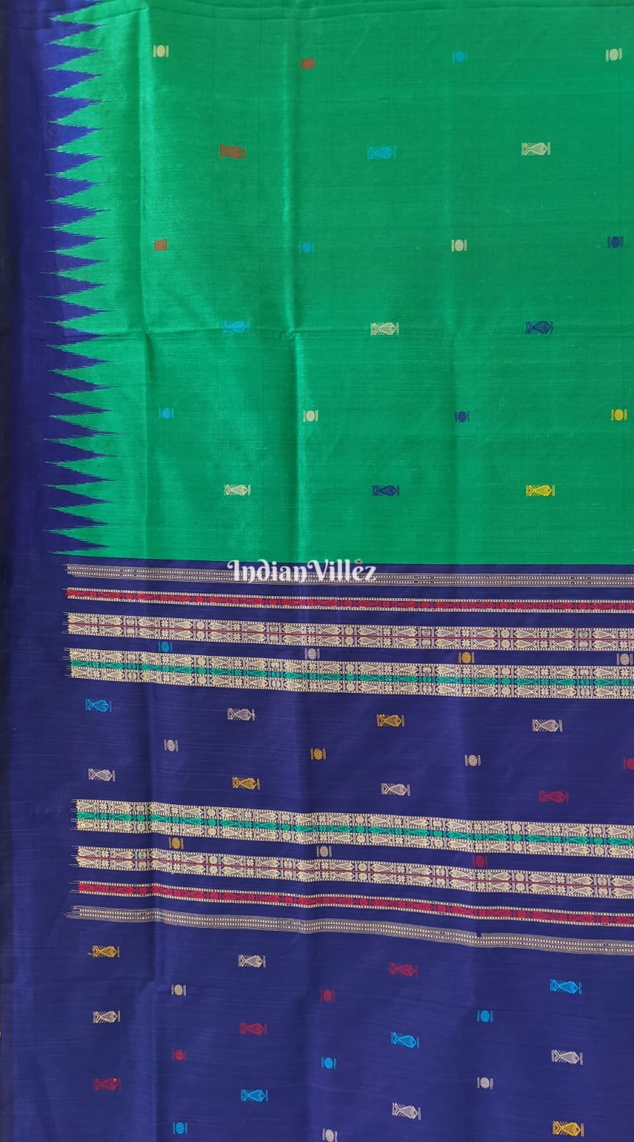 Green Blue Fish Motif Odisha Ikat Bomkai Silk Saree