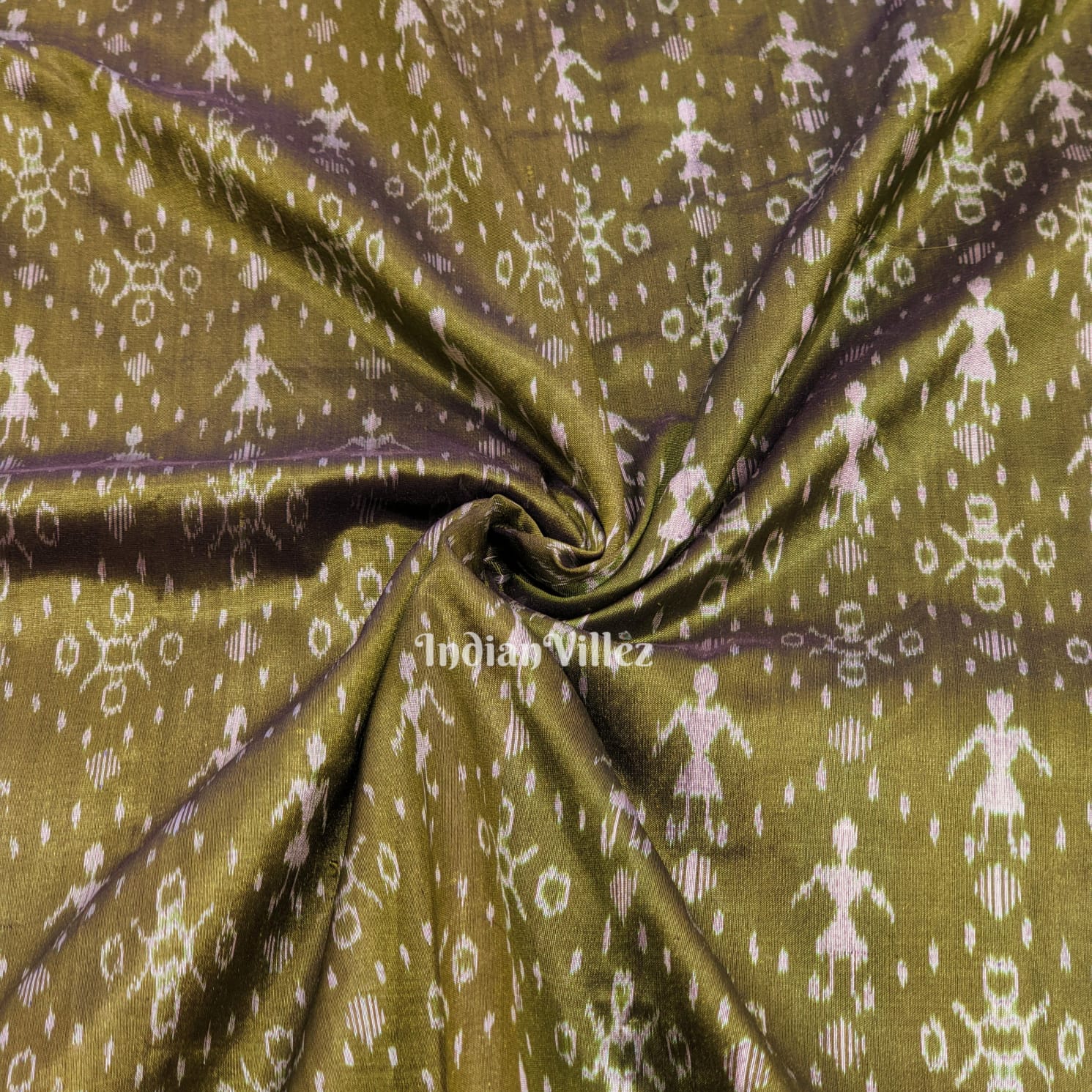 Olive Green Tribal Sambalpuri Ikat Silk Fabric