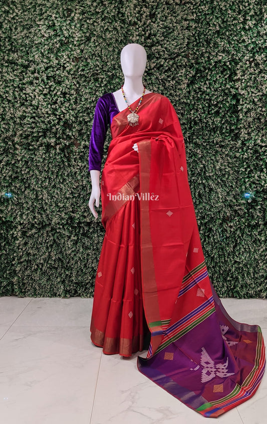 Reddish Orange Purple Handwoven Bishnupuri Silk Saree