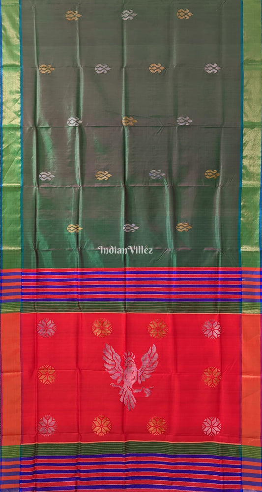 Bottle Green Dual Tone Reddish Orange Handwoven Bishnupuri Silk Saree