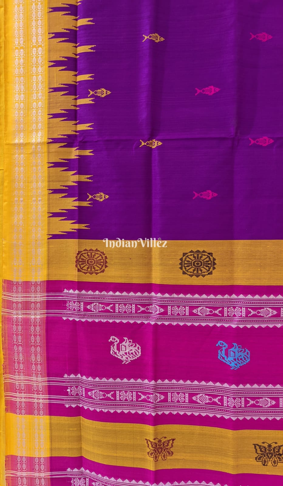 Purple Yellow Pink Double Palla Berhampuri Silk Saree with Fish Motif