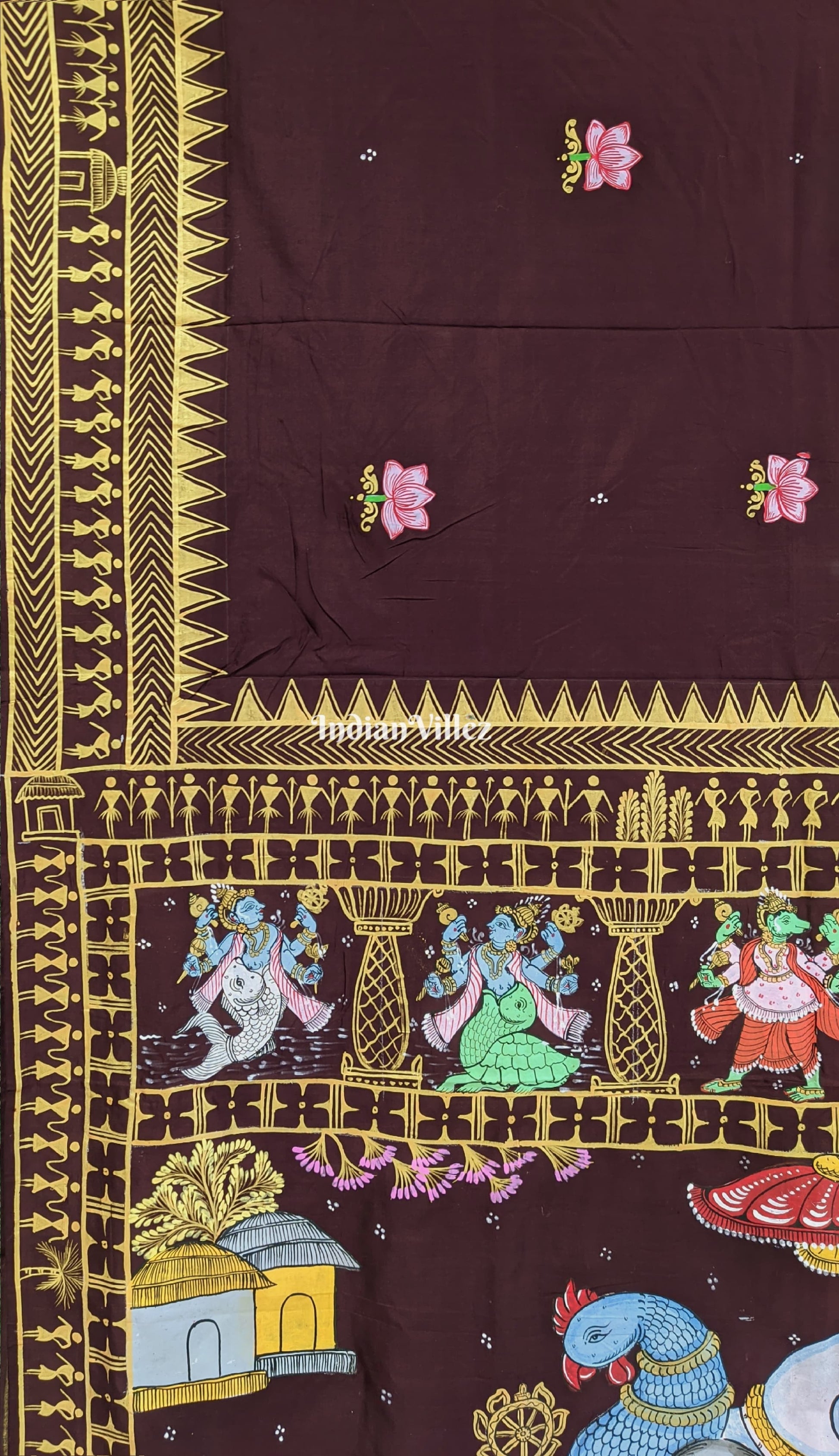 Arjuna Bows to Navagunjara Pure Pattachitra Silk Saree