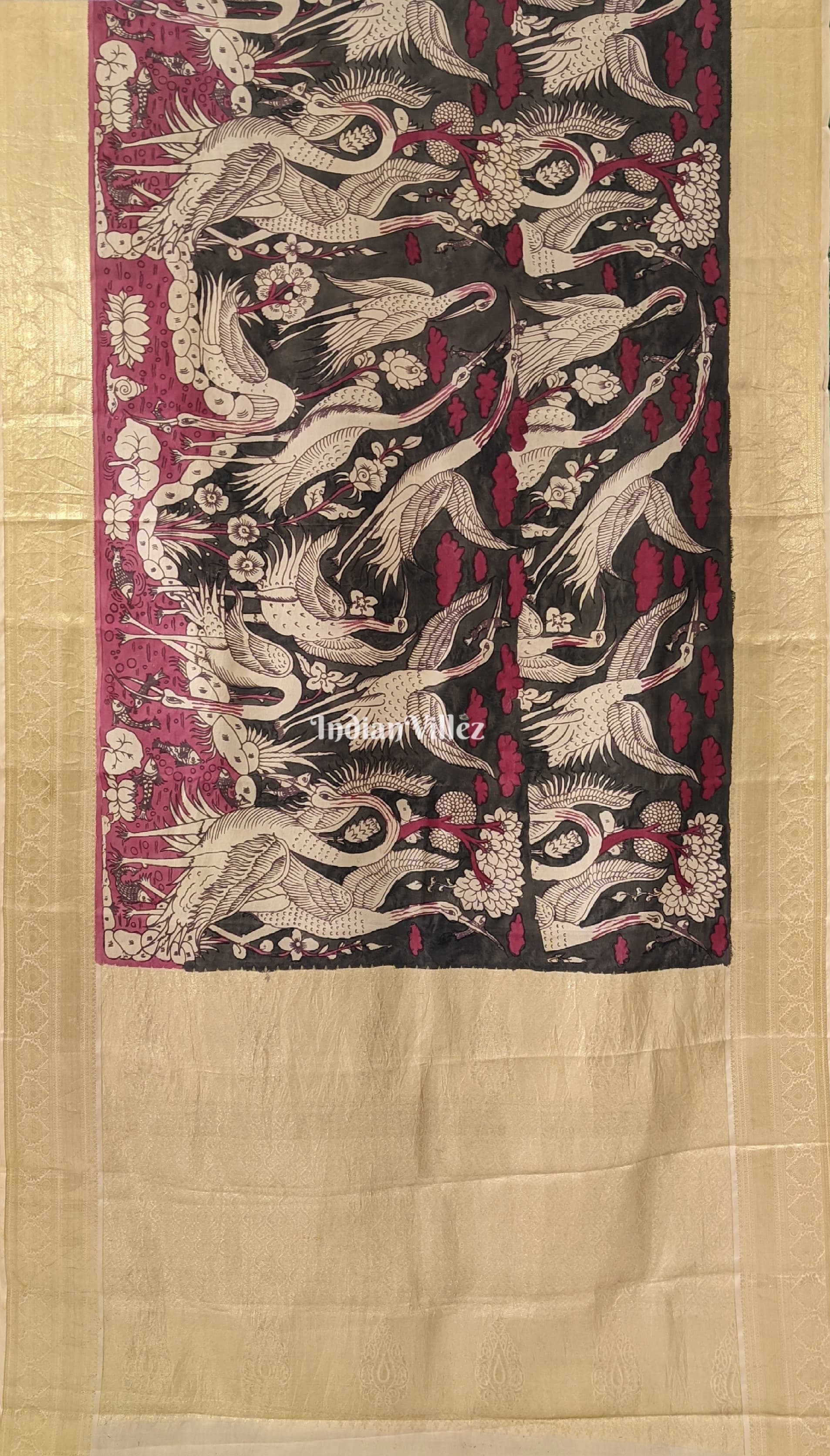 Multicolour Hand-Painted Kanjivaram Silk Kalamkari Saree