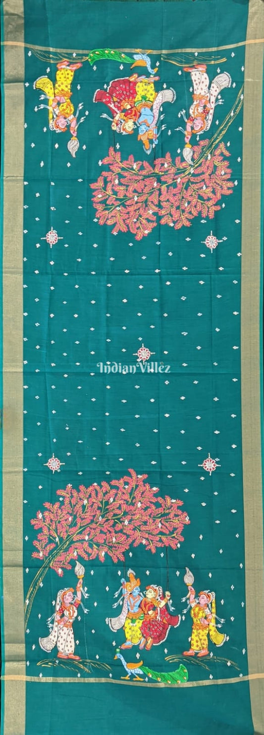 Jade green Radha Krishna Pattachitra Art on Chanderi Dupatta