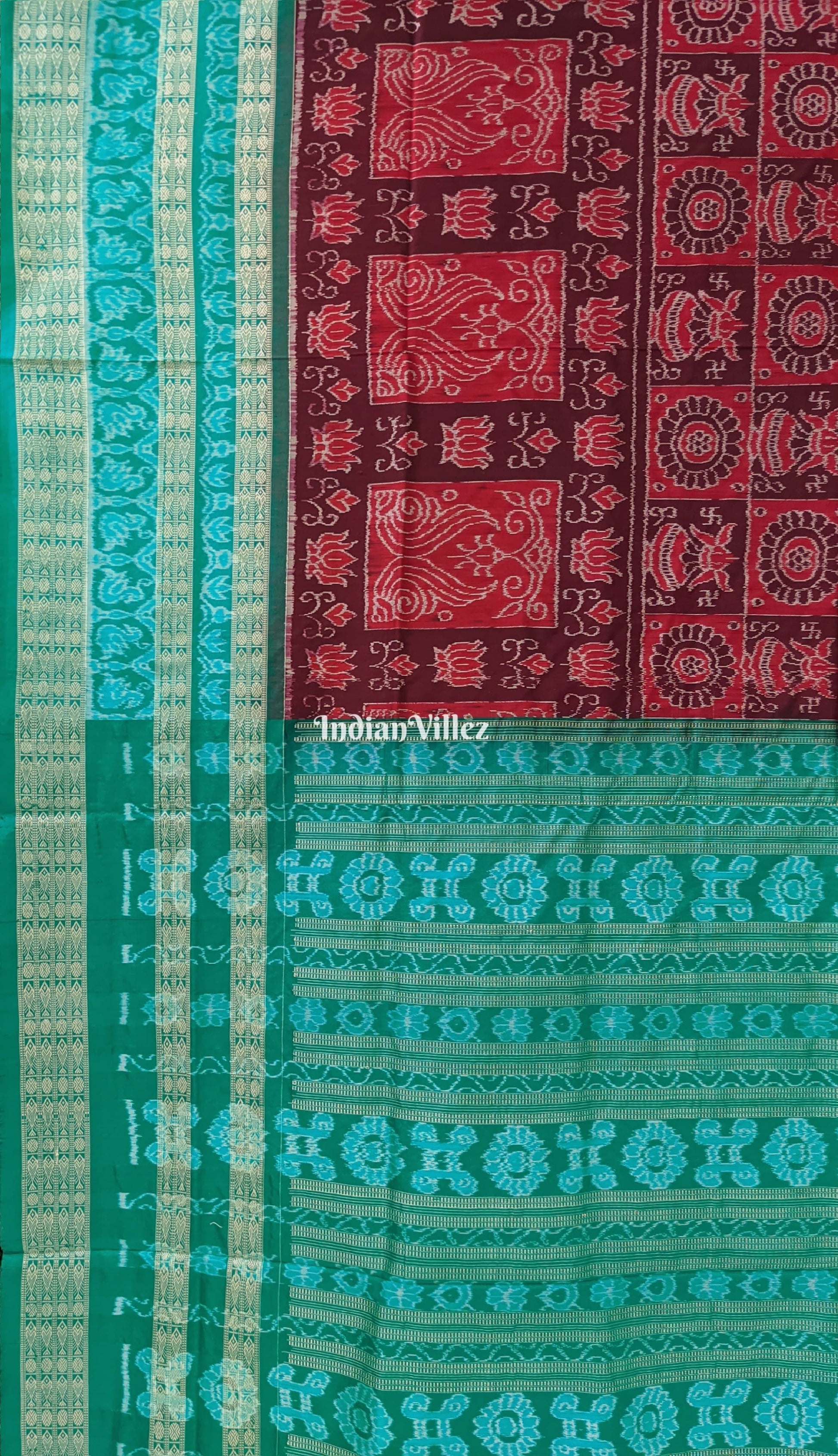 Wine Pine Green Lotus & Kalas Sambalpuri Silk Saree with Fish Motif in Border