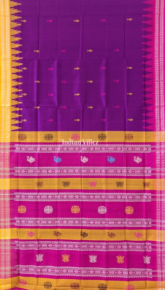 Purple Yellow Pink Double Palla Berhampuri Silk Saree with Fish Motif