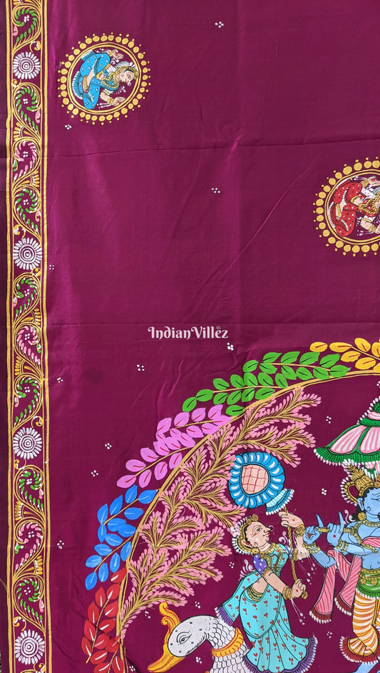 Wine Radha Krishna Boita Pattachitra Silk Saree