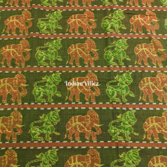 Dual Tone Elephant & Lion Design Sambalpuri Ikat Cotton Fabric