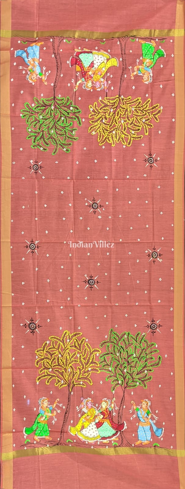 Peach Color Nartaki Theme Pattachitra Art on Chanderi Dupatta