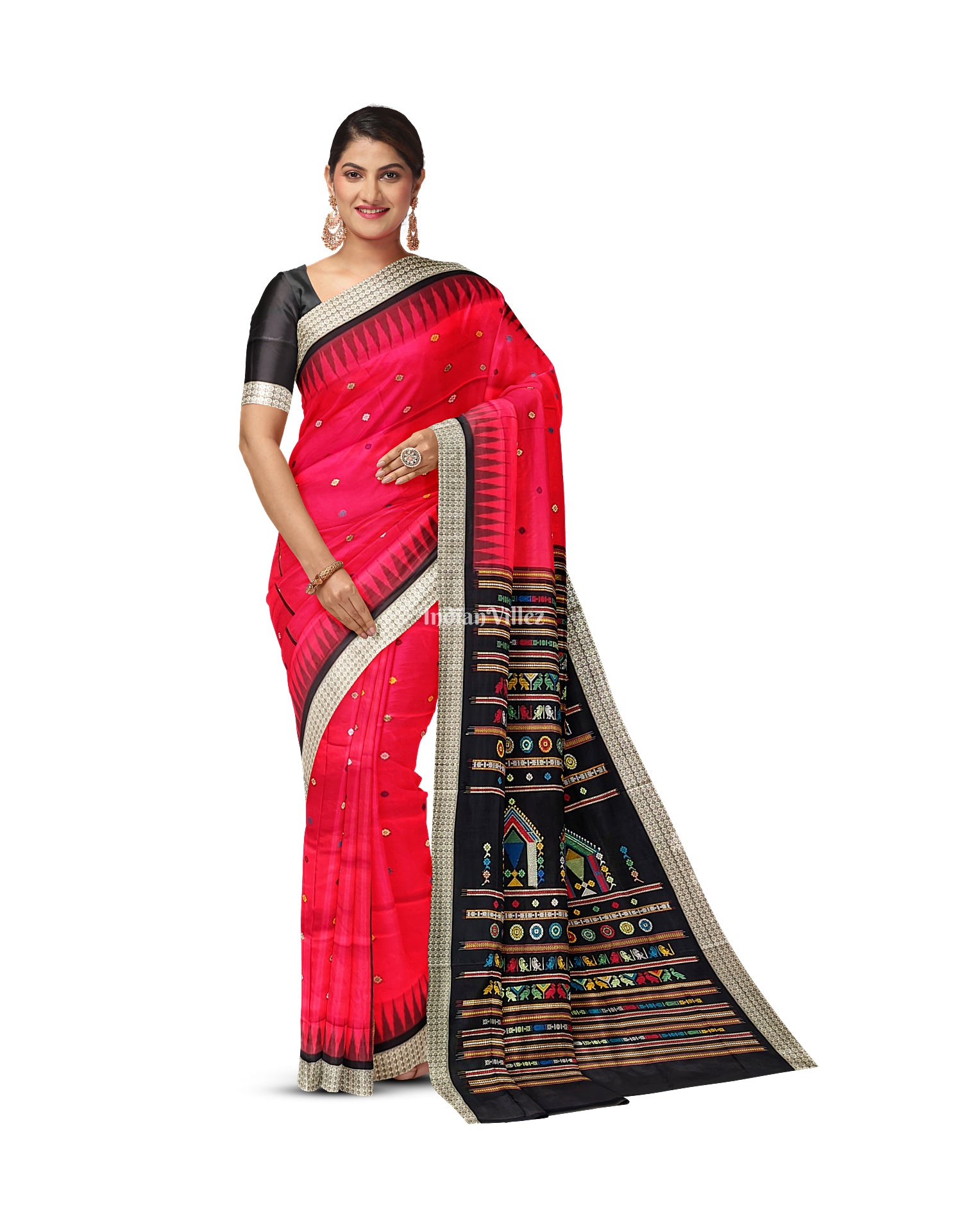 Red Black Dolabedi Sambalpuri Bomkai Silk Saree