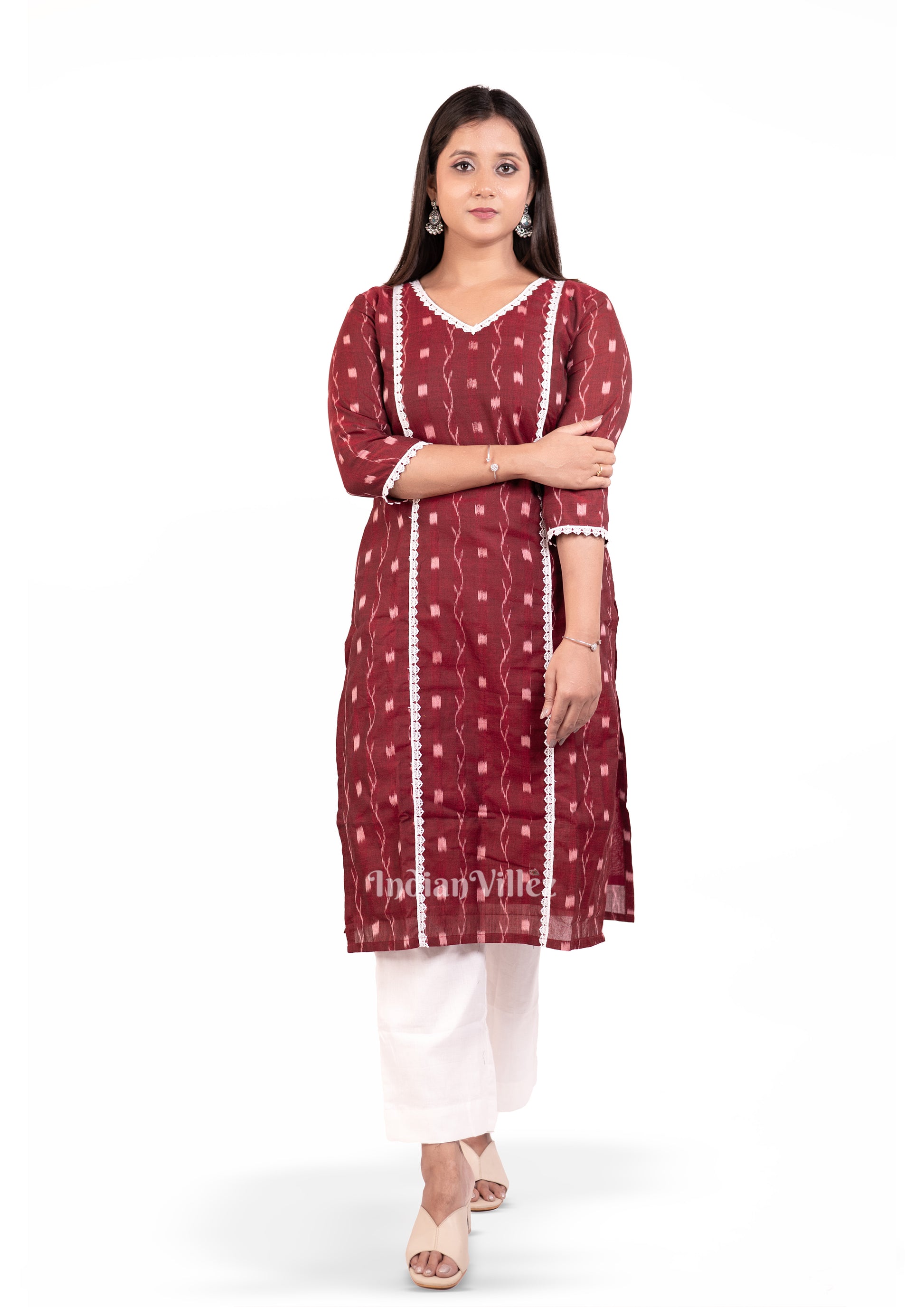  Maroon Sambalpuri design Odisha Ikat Designer Cotton Kurti for Women