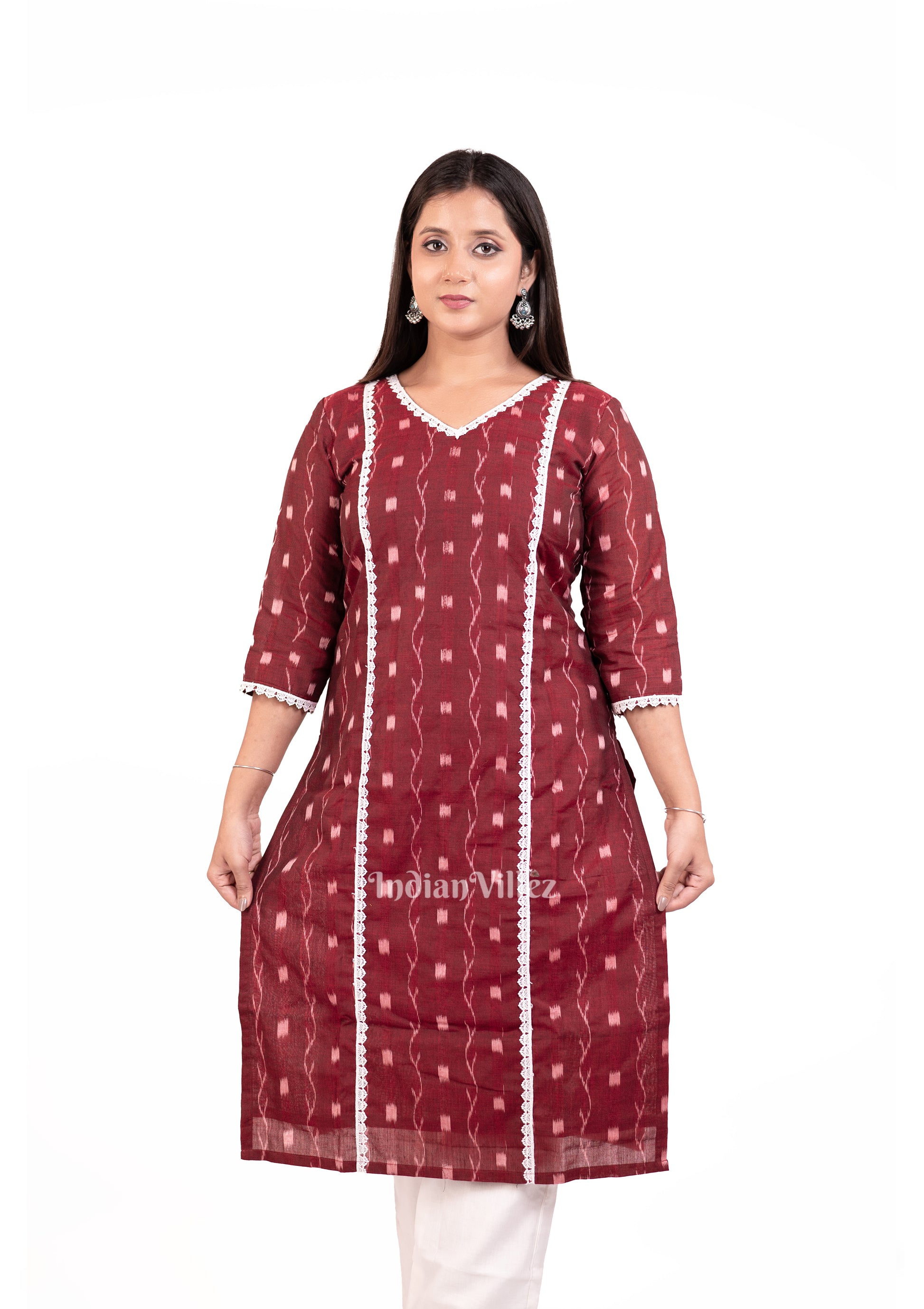  Maroon Sambalpuri design Odisha Ikat Designer Cotton Kurti for Women