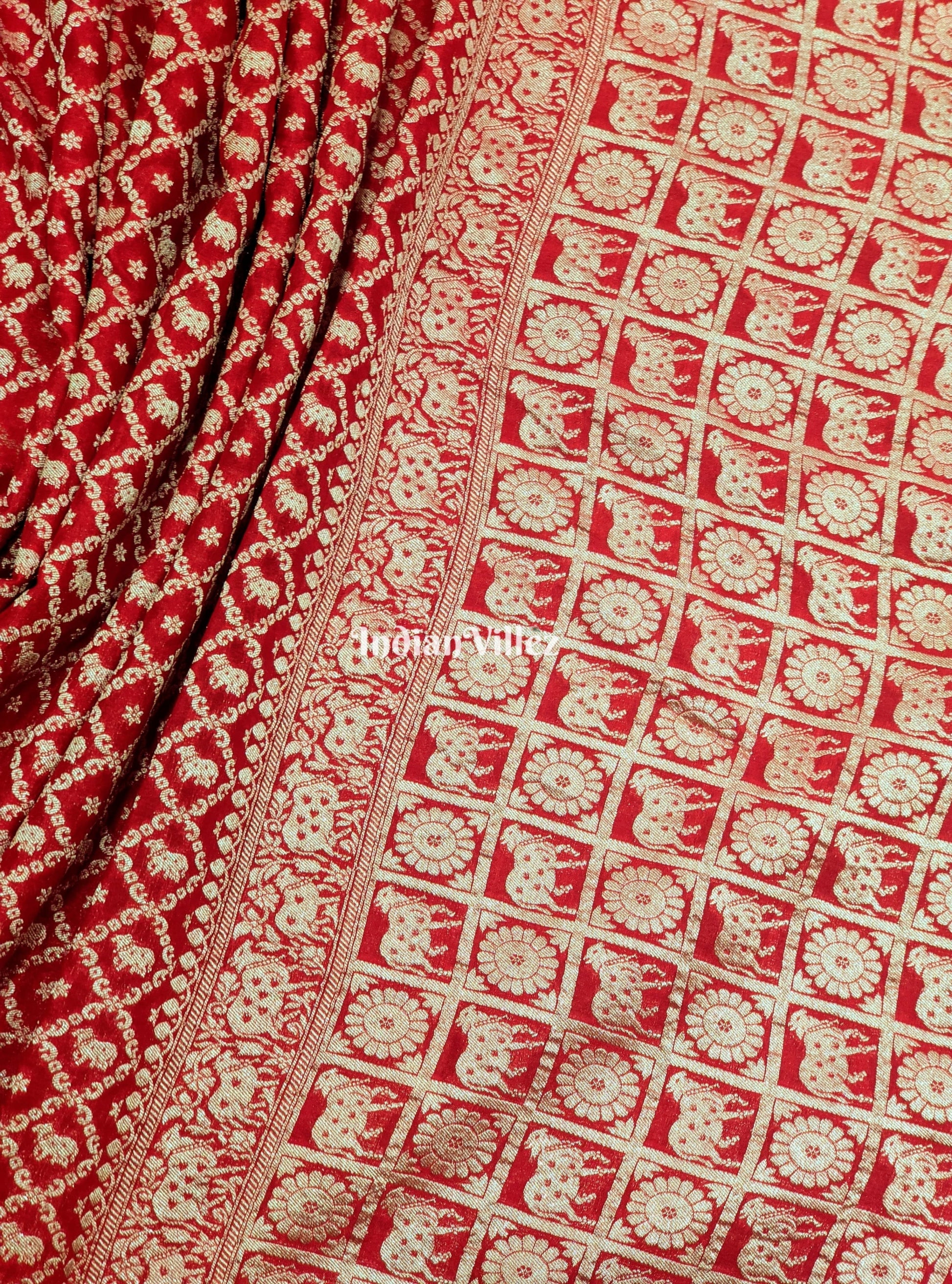 Red Color Bull Motif Banarasi Georgette Saree