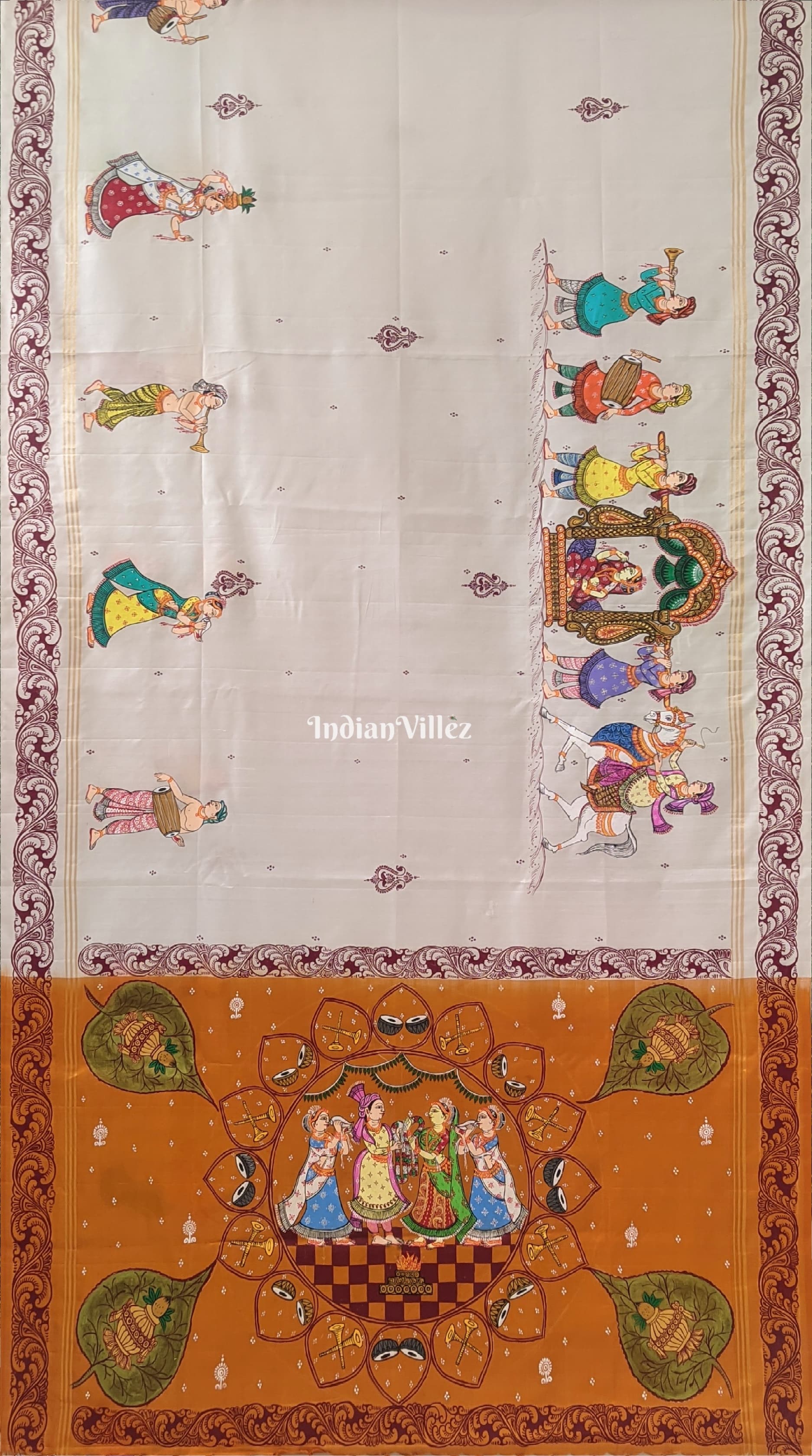 Red Mustard Yellow Marriage Theme Pattachitra Saree