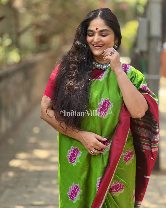 Green with Pink Lotus Odisha Handloom Contemporary Silk Saree