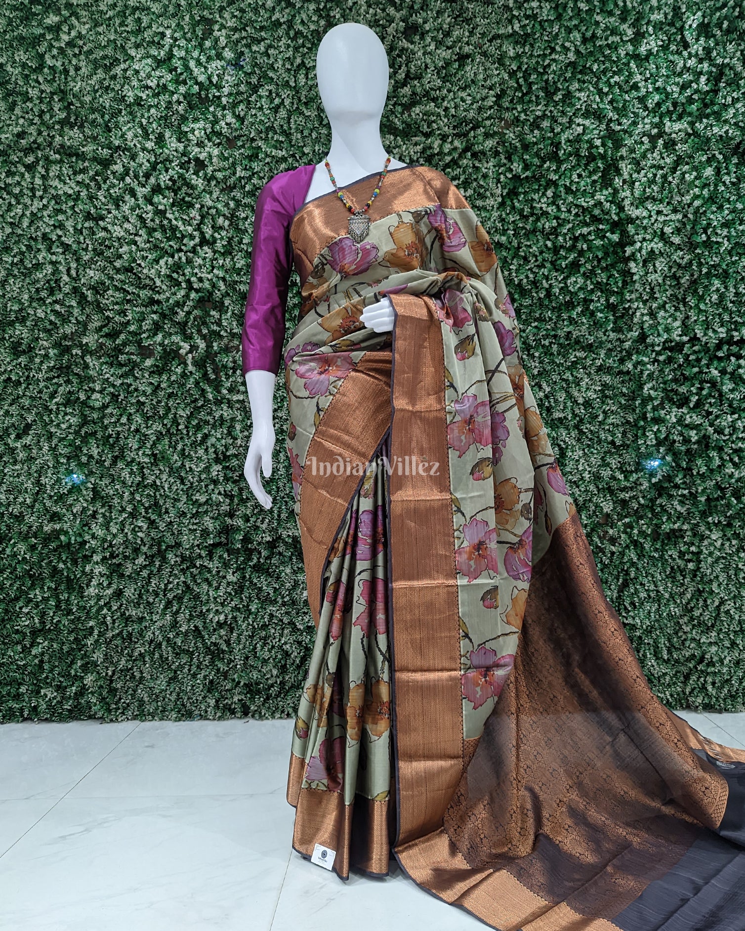 Light Green Floral Digital Print Kanjivaram Silk Saree