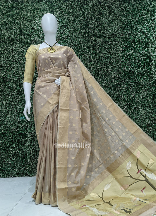 Exclusive Golden  Zari Woven  Designer Ravi Verma Painting Banarasi Tissue Saree