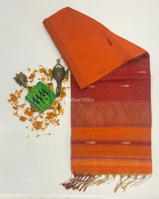 Orange Maroon Butta Design Pure Silk Cotton Maheshwari Saree with Zari Border