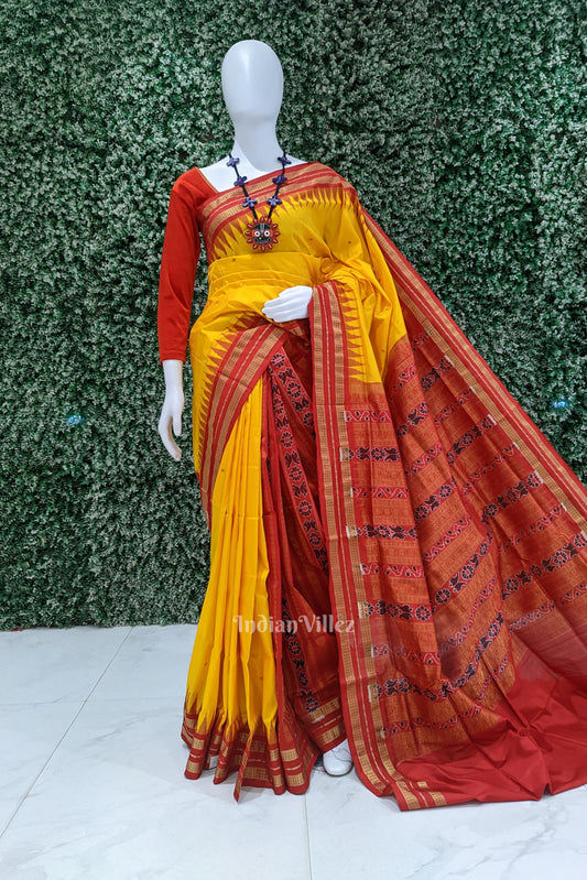 Red Yellow Patil Design Bomkai Sambalpuri Silk Saree