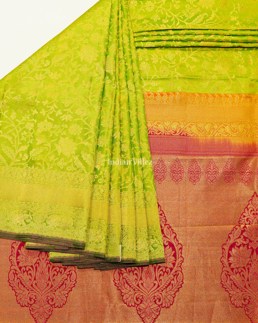 Parrot Green Golden Body Work Pure Kanjivaram Silk Saree