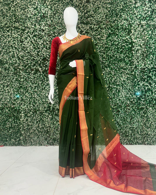 Bottle Green Butta Design Pure Silk Cotton Maheshwari Saree with Zari Border