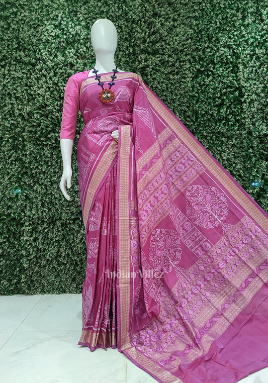 Rani Pink Natural Dyed Sambalpuri Silk Saree ( 7 Wonders of the World)