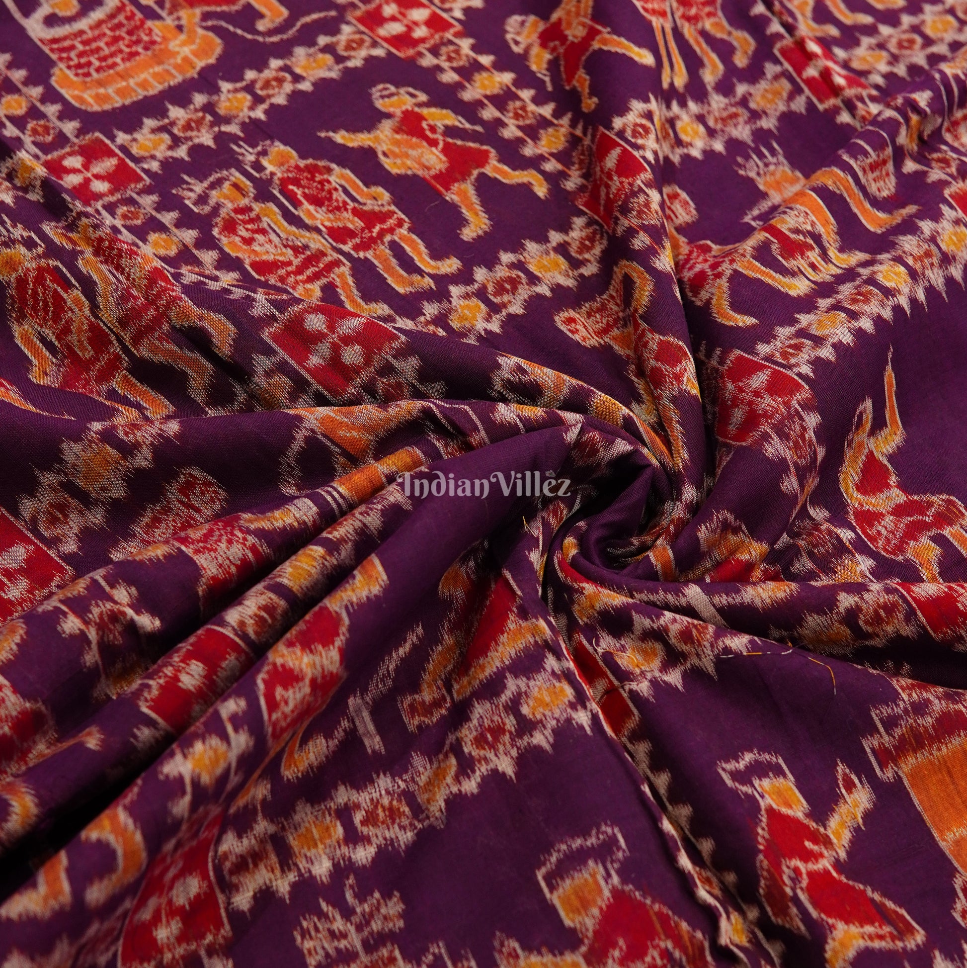 Purple Tribal Village Theme Sambalpuri Ikat Cotton Fabric