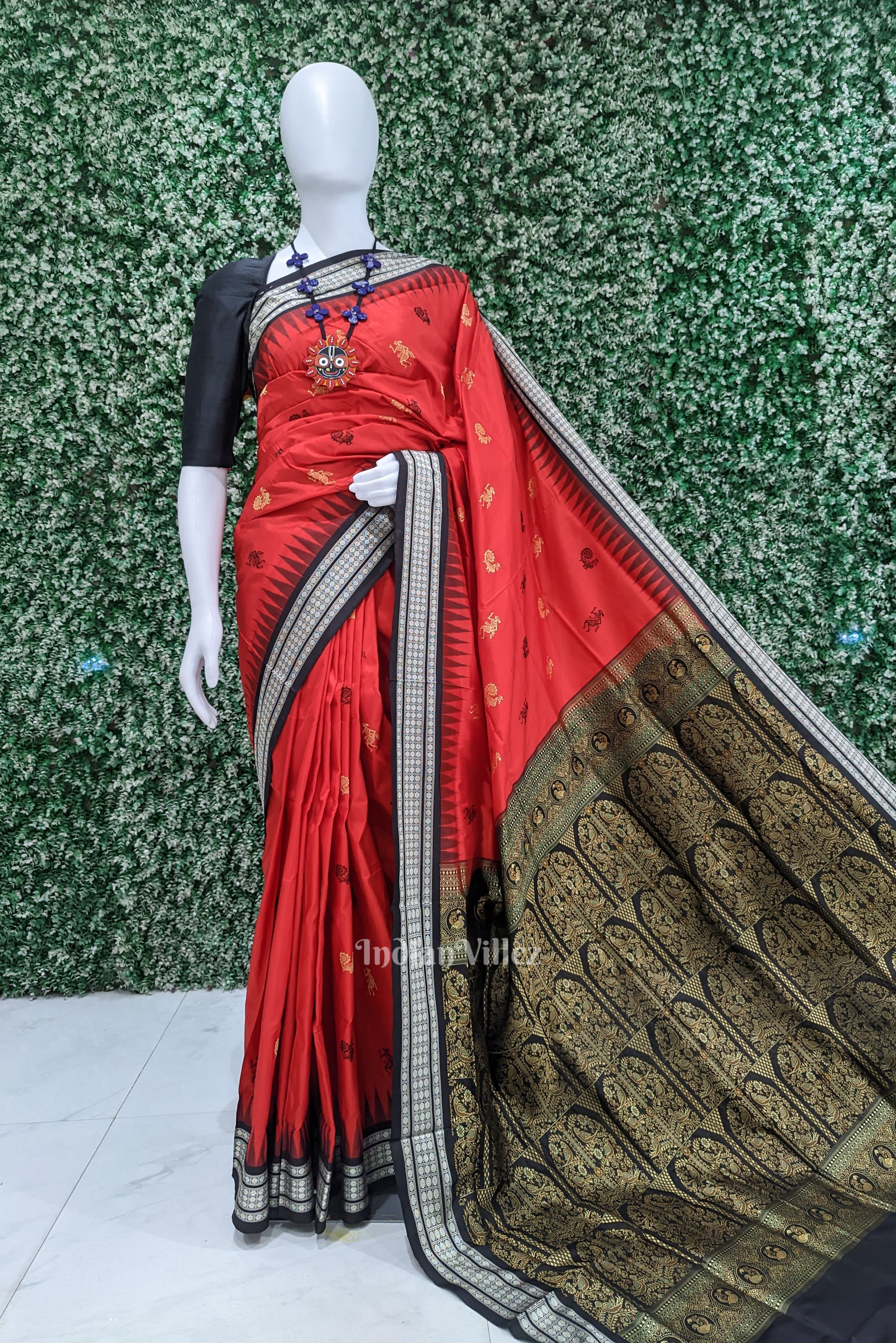 Red Peacock Tribal art Sambalpuri Bomkai Silk Saree