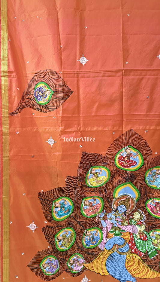 Orange Radha Krishna Peacock Design Pattachitra Saree