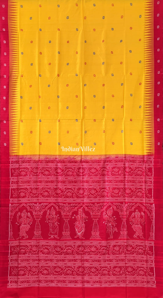 Yellow Red Flower Motif Odisha Ikat Bomkai Silk Saree