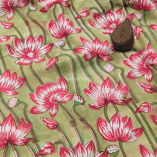 Green Red Lotus Hand Block Printed Cotton Fabric