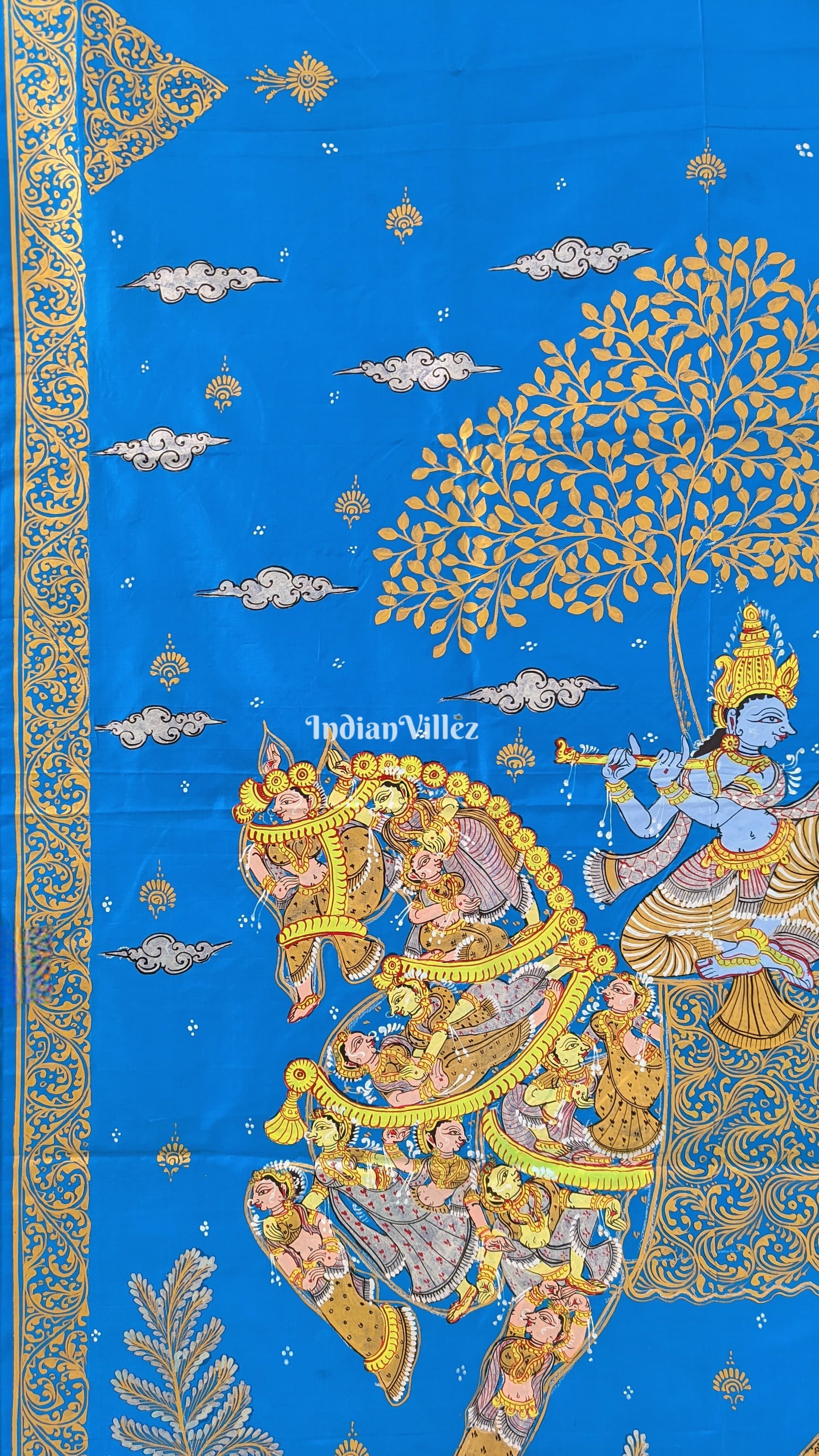 Copper Sulphate Kandarpa Ashwa (Horse) Pattachitra Silk Saree