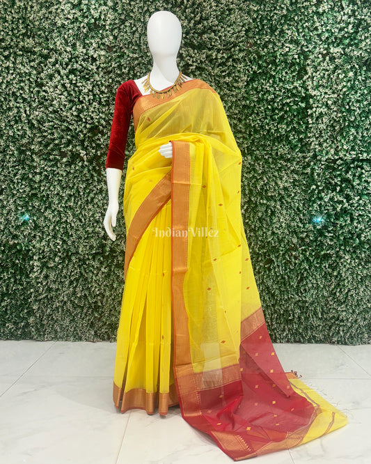 Yellow Pure Silk Cotton Maheshwari Saree with Zari Border