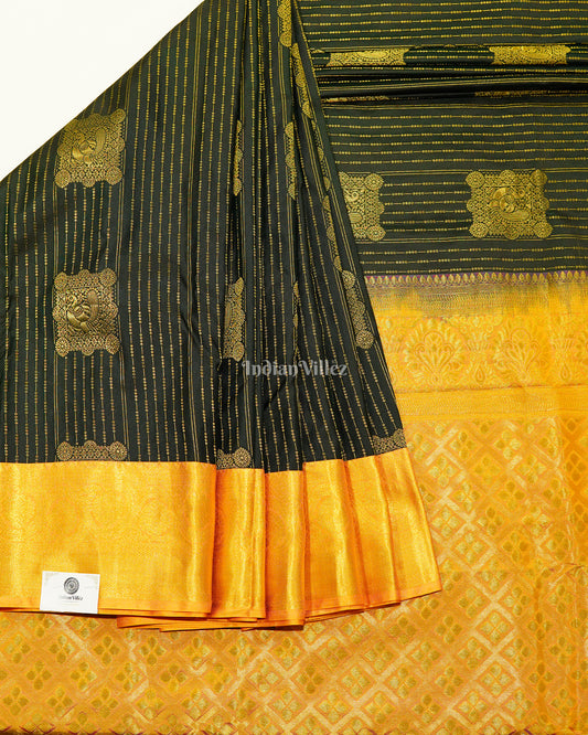 Black Golden  Striped Body Work Pure Kanjivaram Silk Saree