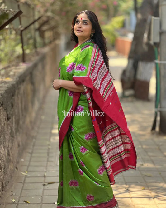 Green with Pink Lotus Odisha Handloom Contemporary Silk Saree