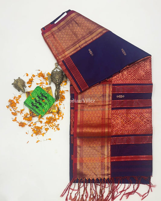 Blue Red Butta Design Maheshwari Handloom Cotton*Silk Saree