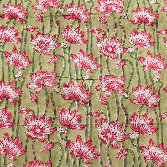 Green Red Lotus Hand Block Printed Cotton Fabric