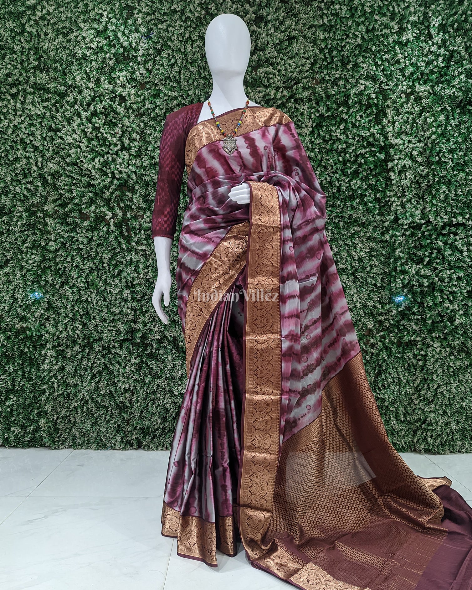 Silver Pink Floral Digital Print Kanjivaram Silk Saree 