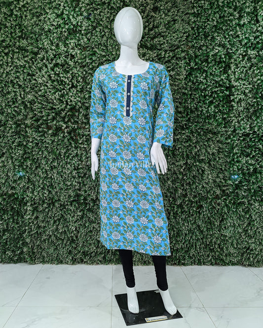 Sky Blue Floral Cotton Block Printed Kurti for Women