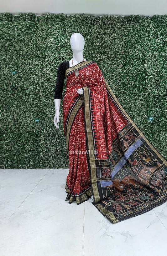 Red Odia Barnamala With Rudrakshya Border Contemporary Silk Saree