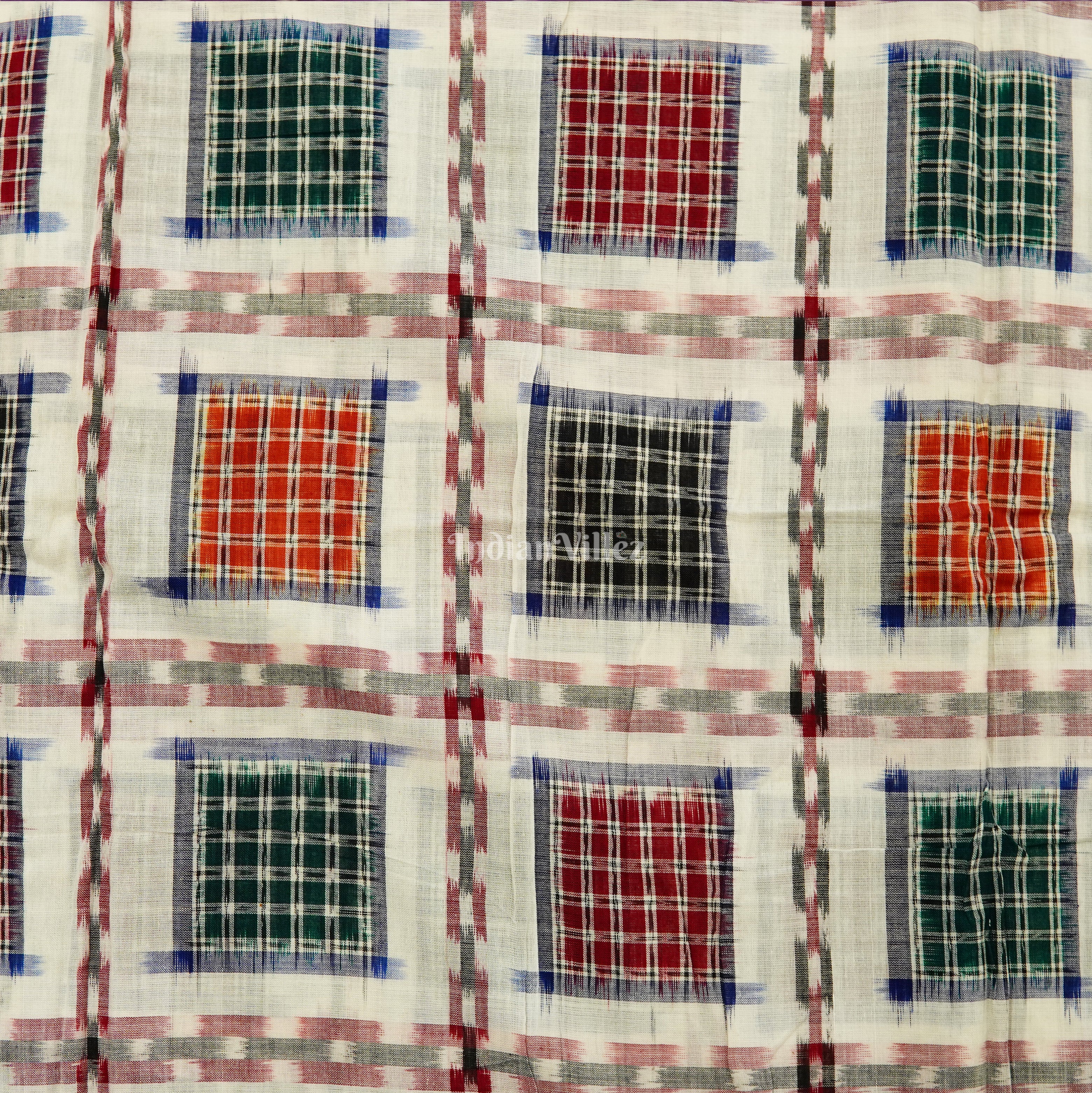 White Aswani Theme Sambalpuri Ikat Cotton Fabric