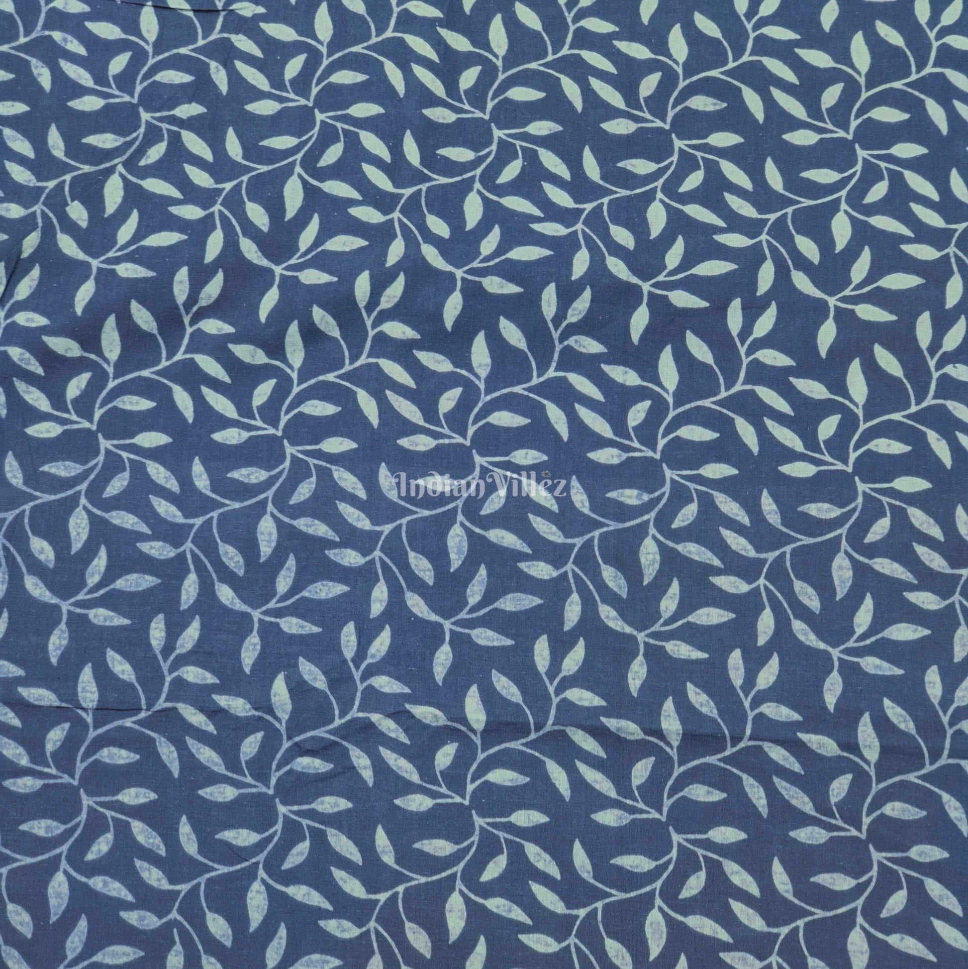 Navy Blue Floral Hand Block Printed Cotton Fabric