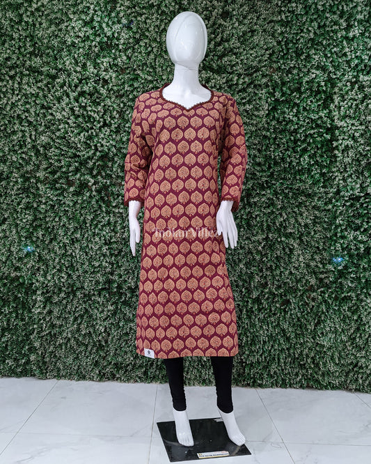 Maroon Cotton Block Printed Kurti for Women